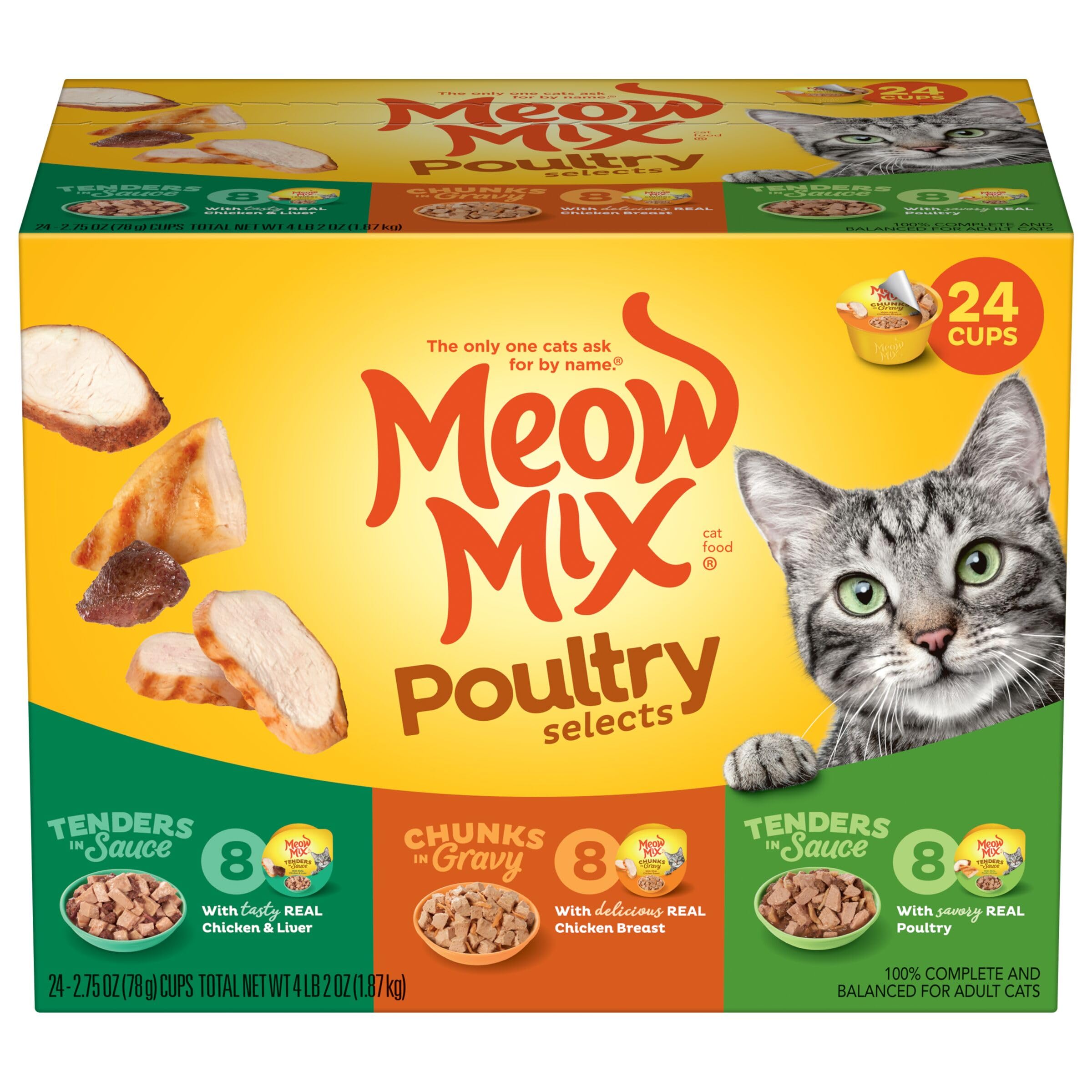 Meow Mix frente del pack 24 tazas muestra variedad y conveniencia