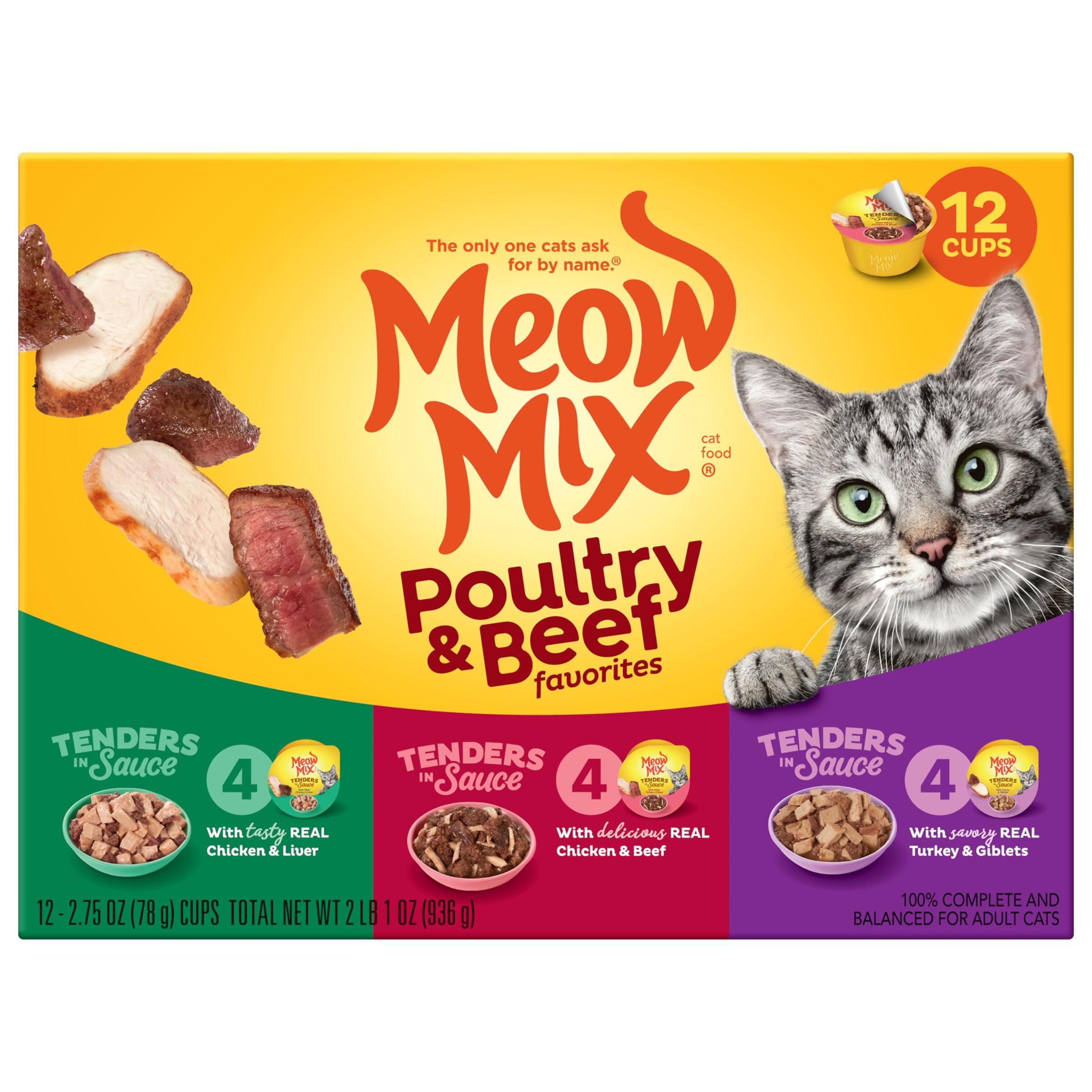 Meow Mix gato comiendo del vaso, aceptación y disfrute visible