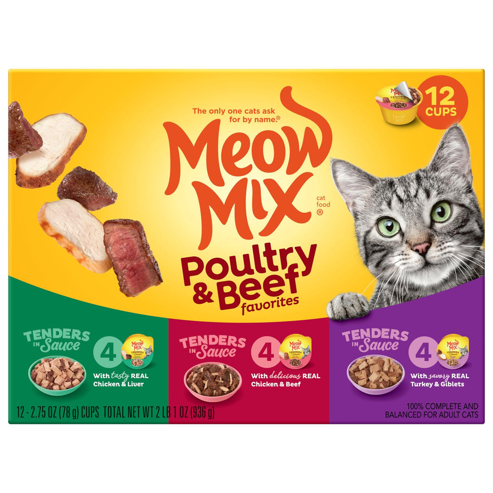 Meow Mix gato comiendo del vaso, aceptación y disfrute visible