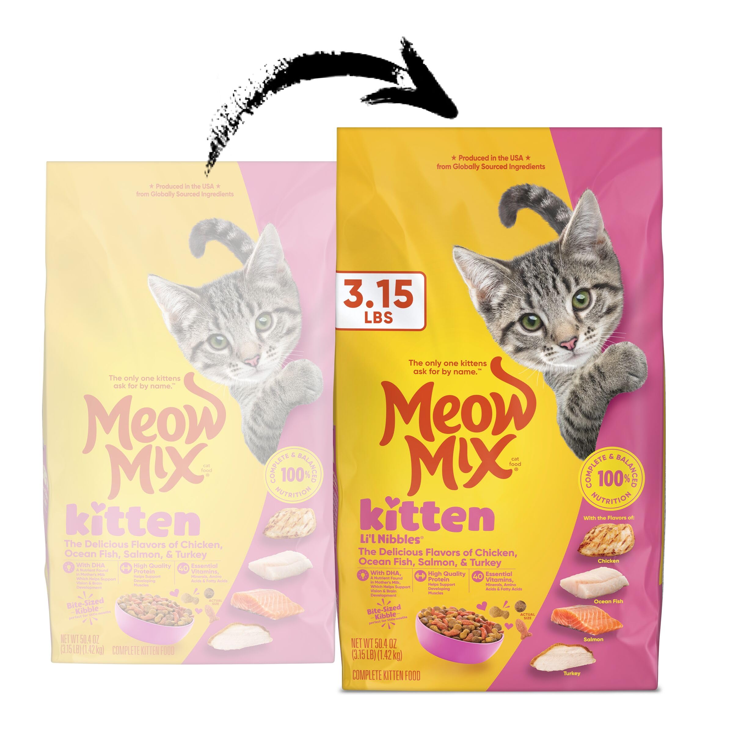 Meow Mix croquetas de cerca, textura apetecible y tamaño pequeño