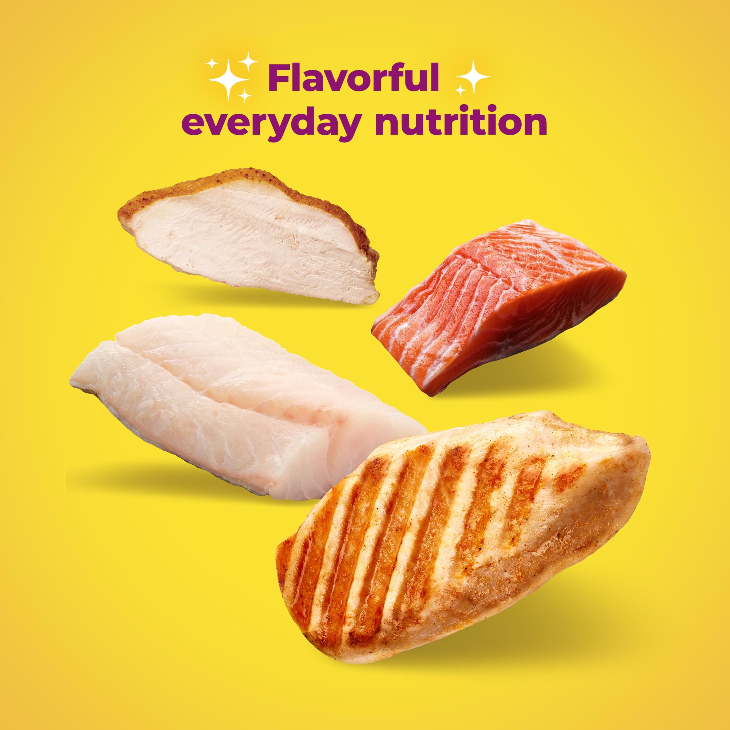 Meow Mix ingredientes clave en plato, sabores y nutrientes visibles