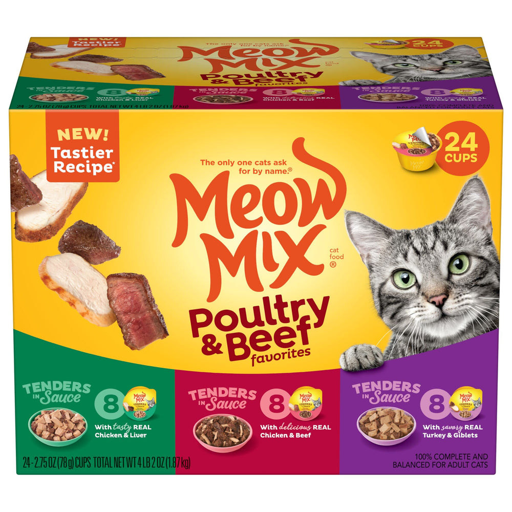 Meow Mix pack frontal mostrando las 24 tazas y variedad de sabores
