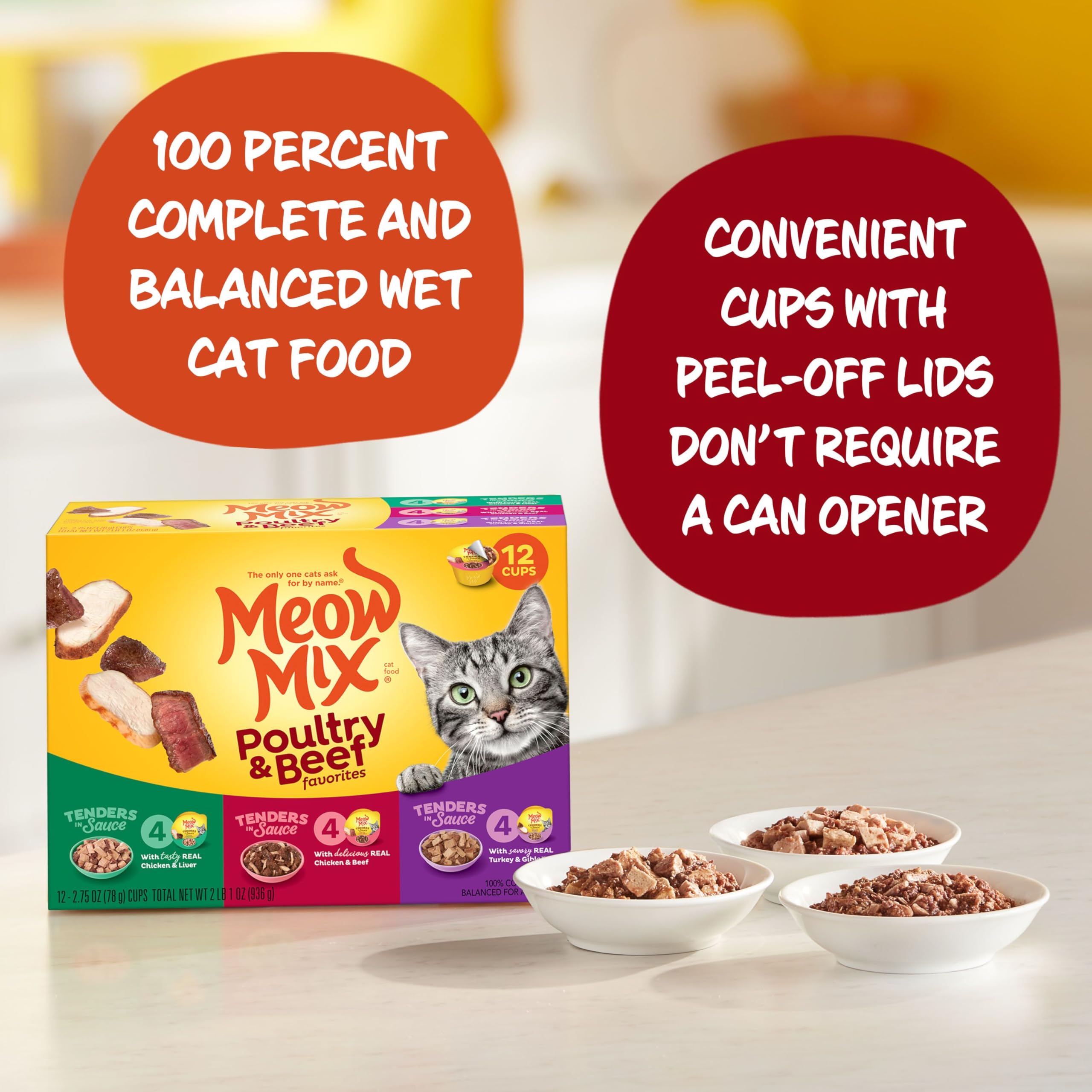 Meow Mix vaso individual abierto con trozos en salsa, fácil servir