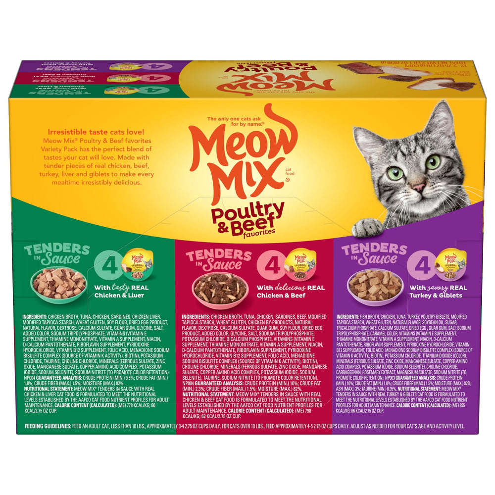 Meow Mix vasos apilados en despensa, almacenamiento organizado