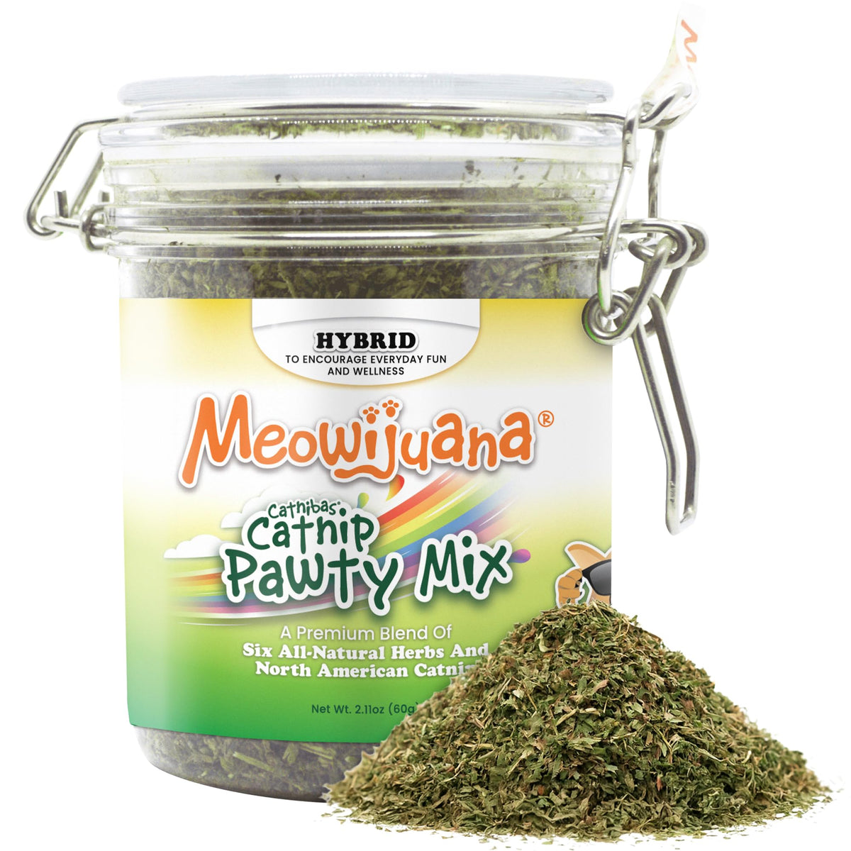 Meowijuana frasco Catnibas vistas frontal y tapa mostrando presentación conveniente