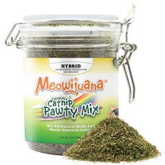 Meowijuana frasco Catnibas vistas frontal y tapa mostrando presentación conveniente