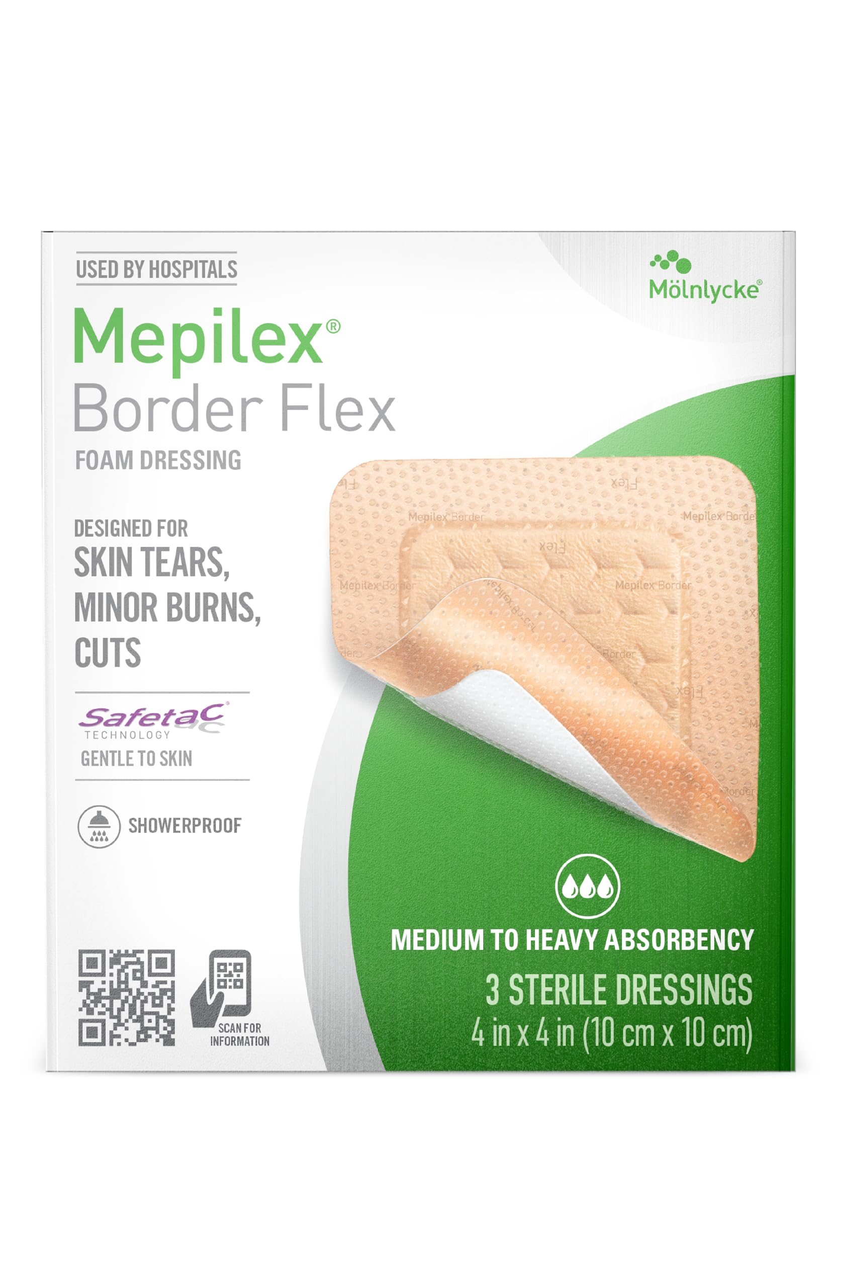 Mepilex empaque frontal mostrando apósito y beneficio protección segura