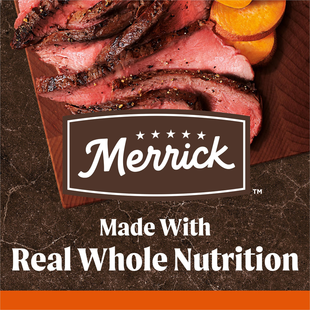 Merrick etiqueta con análisis garantizado y pautas de alimentación