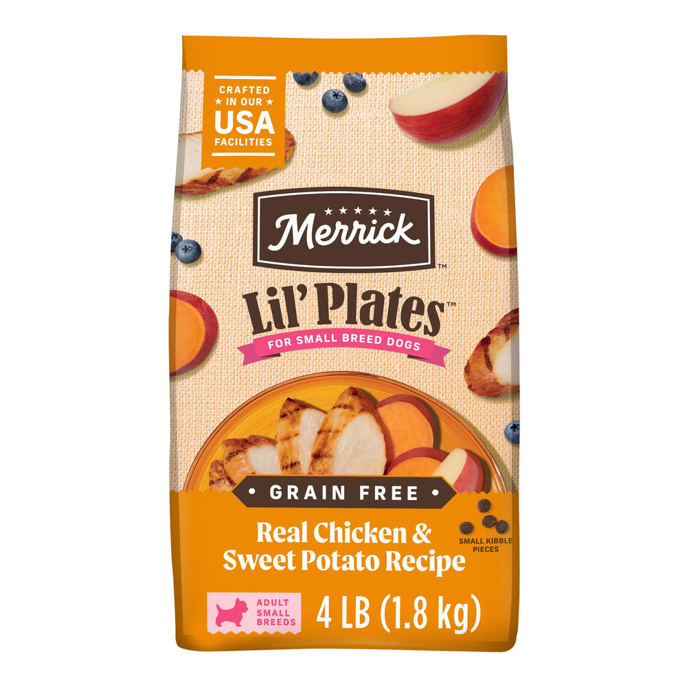Merrick paquete frente mostrando receta pollo y batata y beneficios
