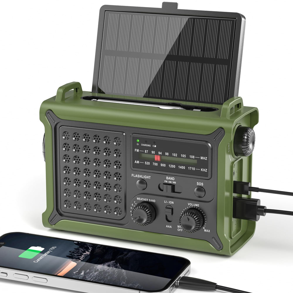Mesqool vista frontal mostrando receptor NOAA y controles, útil para emergencias