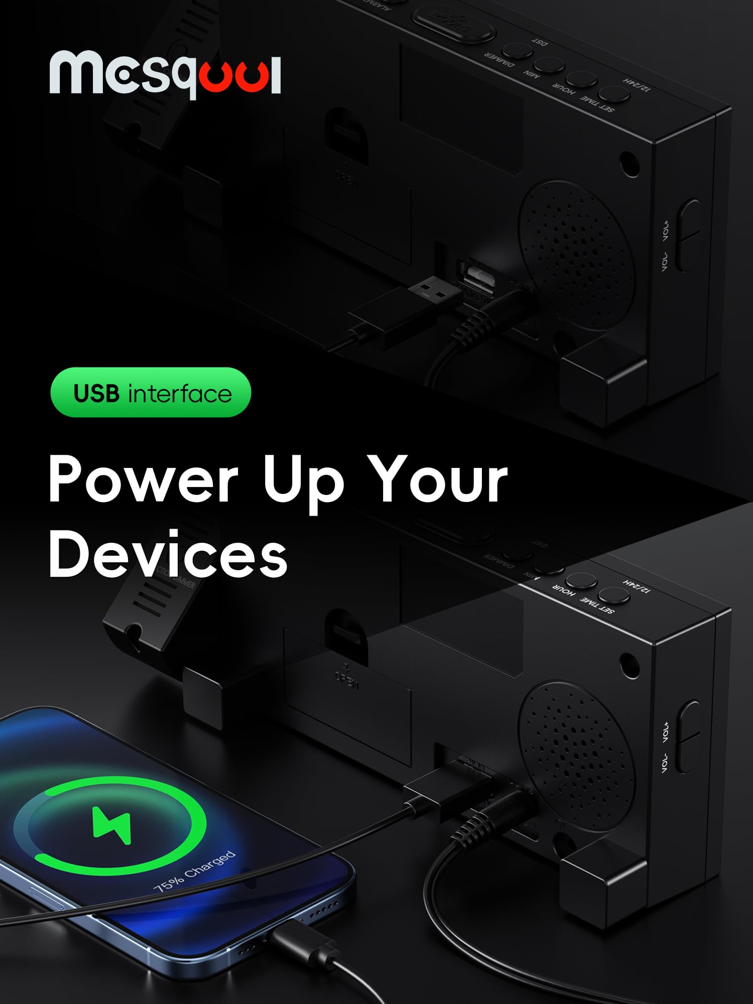 Mesqool puerto USB y conexión trasera para cargar móvil
