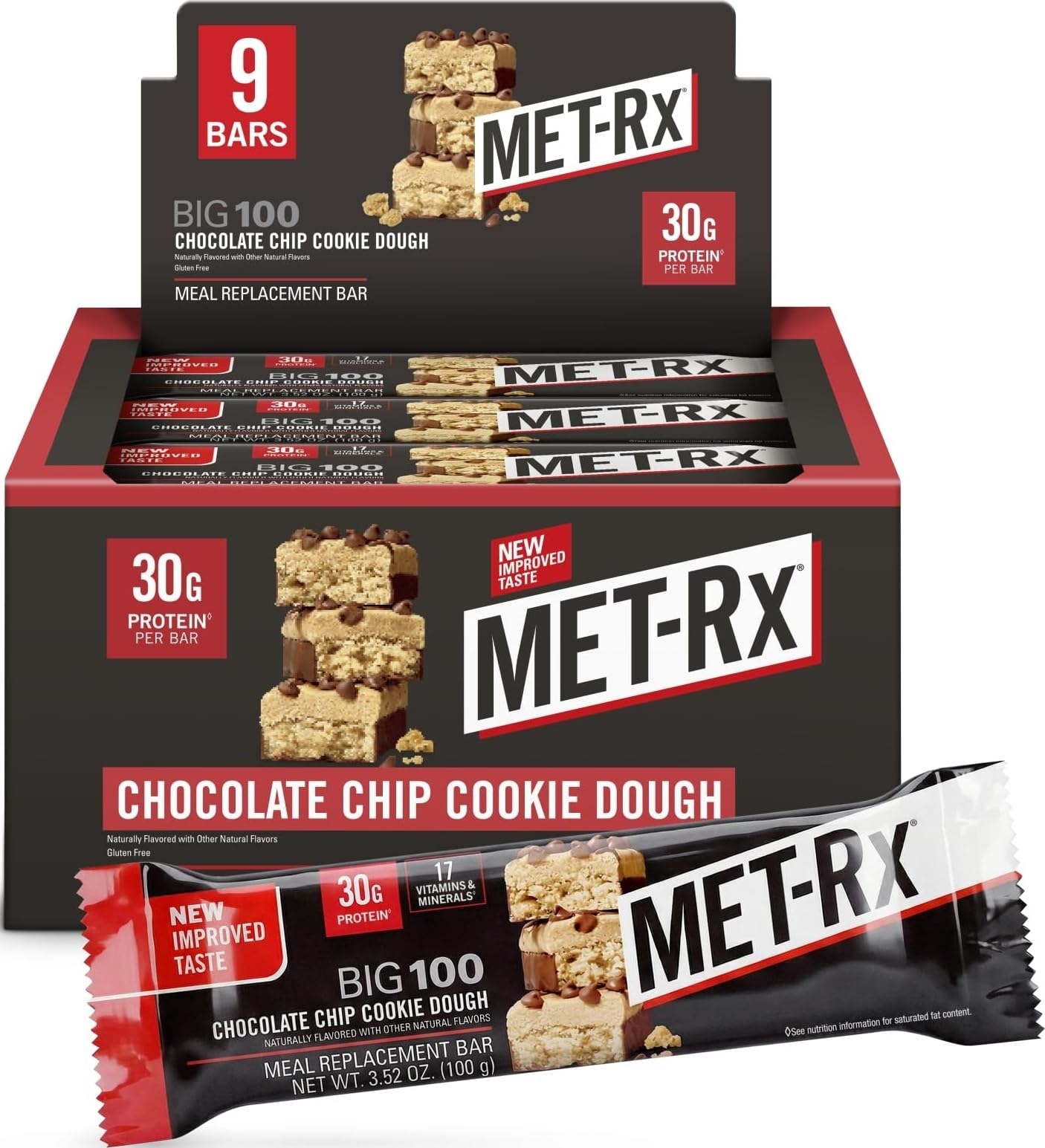 MET-Rx barrita frontal empaque visible, muestra 30 g proteína y conveniencia