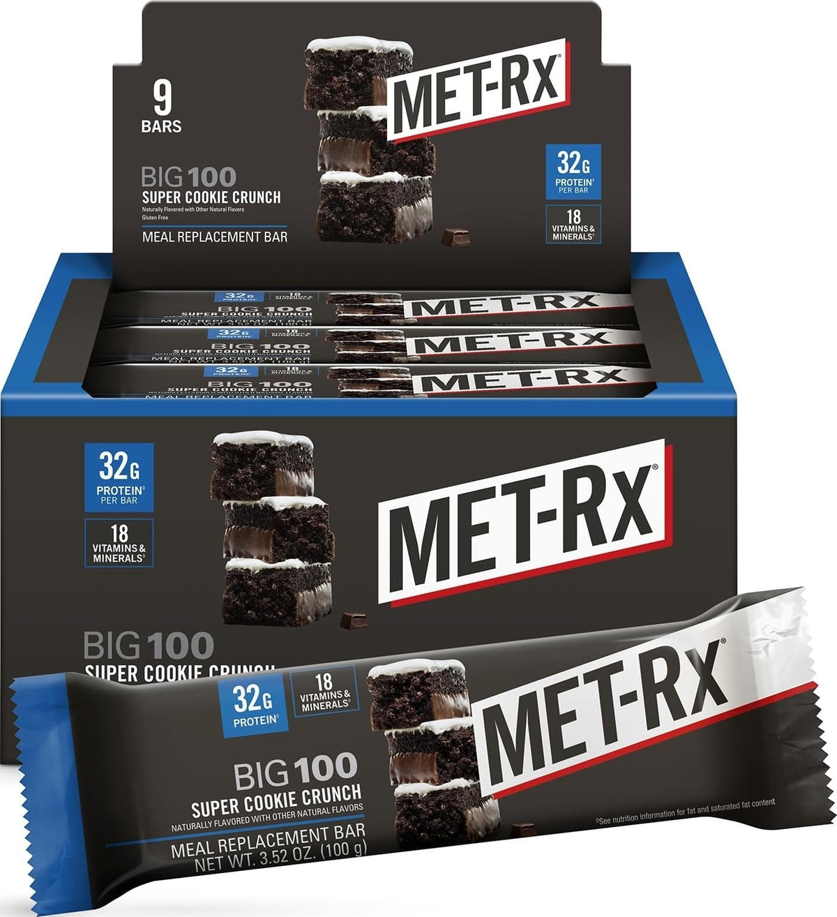 MET-Rx empaque frontal mostrando el sabor Super Cookie Crunch y conveniencia