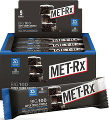MET-Rx empaque frontal mostrando el sabor Super Cookie Crunch y conveniencia