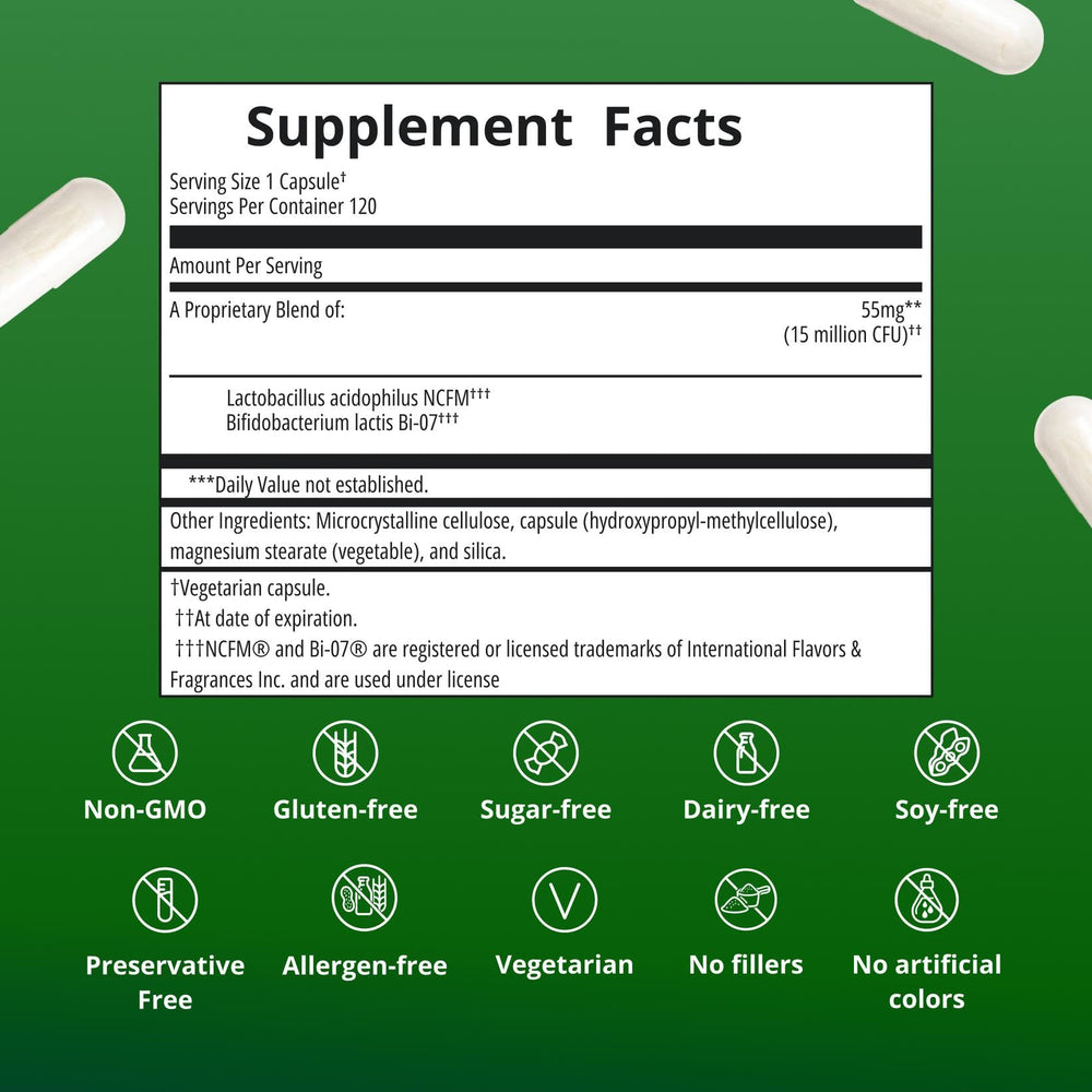 Metagenics UltraFlora Balance cápsula junto a regla para referencia tamaño