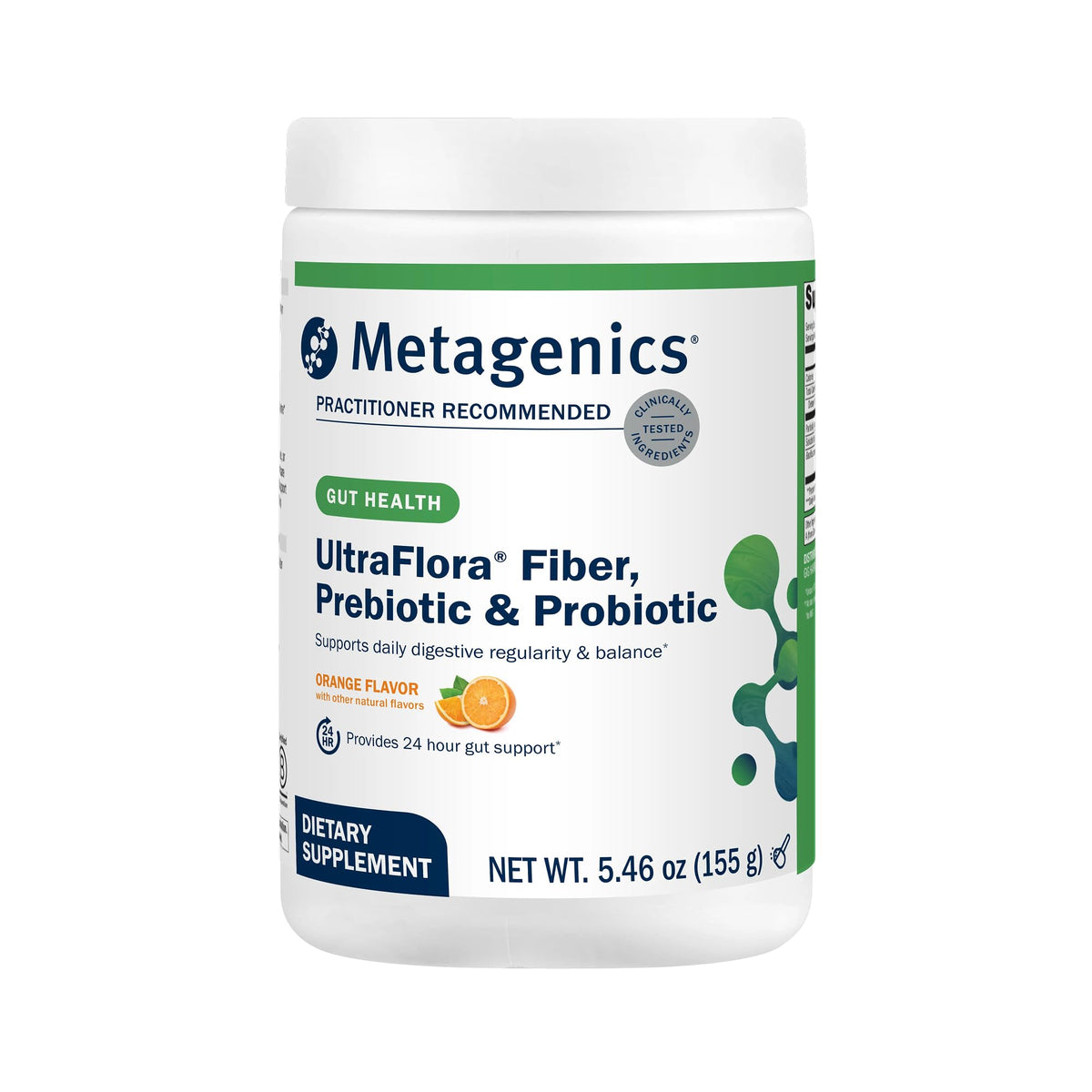 Metagenics UltraFlora Fiber vista frontal con etiqueta clara y beneficio de equilibrio digestivo