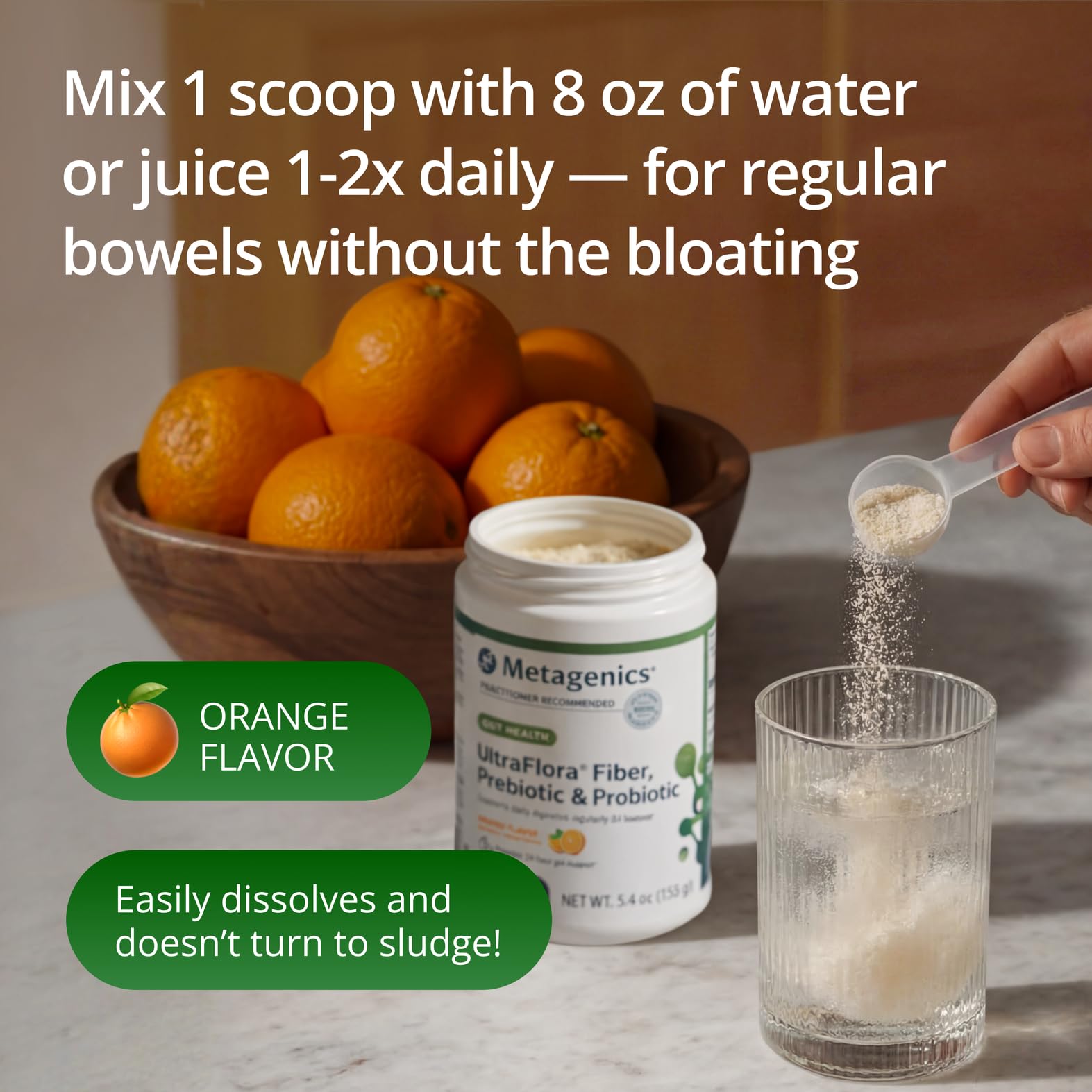Metagenics UltraFlora Fiber polvo usando en receta saludable para integrar en dieta diaria
