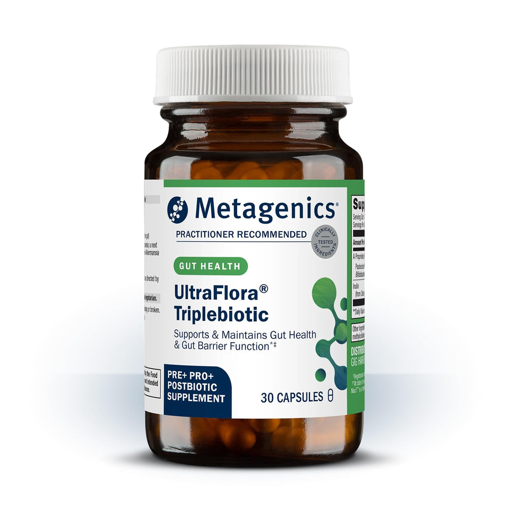 Metagenics UltraFlora frontal mostrando envase profesional y beneficios
