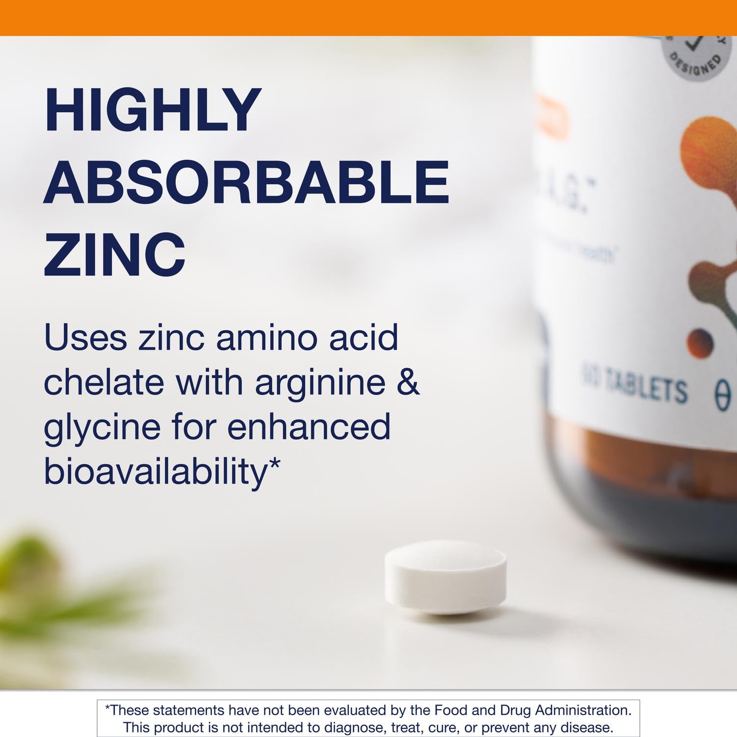 Metagenics Zinc A.G. vista lateral del empaque destacando tamaño y diseño práctico