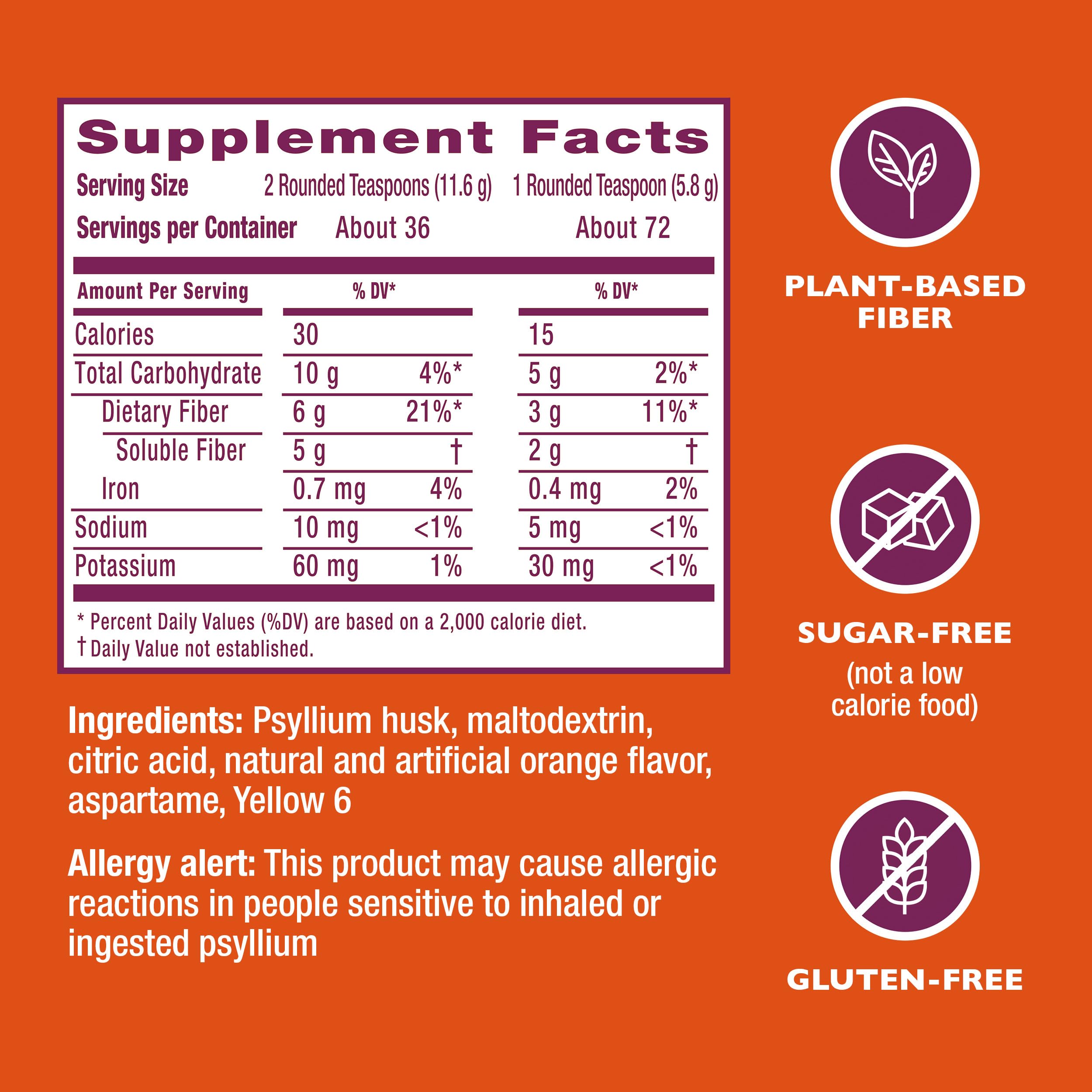 Lateral del empaque Metamucil con tabla nutricional y instrucciones