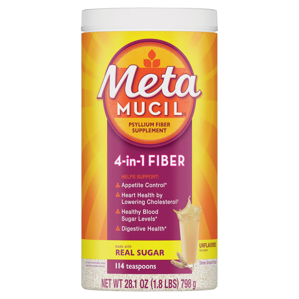 Metamucil frente del empaque mostrando 114 tomas y beneficios