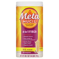 Metamucil frente del empaque mostrando 114 tomas y beneficios