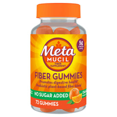 Metamucil frente del empaque mostrando 72 gomitas y sabor naranja, facilita aporte de fibra