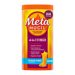 Metamucil envase frontal mostrando uso diario y sabor naranja