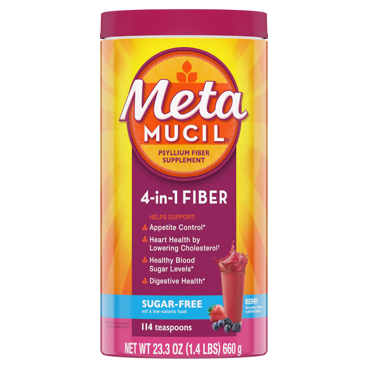 Metamucil envase frontal mostrando 114 porciones y sabor berry beneficios