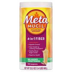 Metamucil envase frontal mostrando el sello de fibra y sin azúcar
