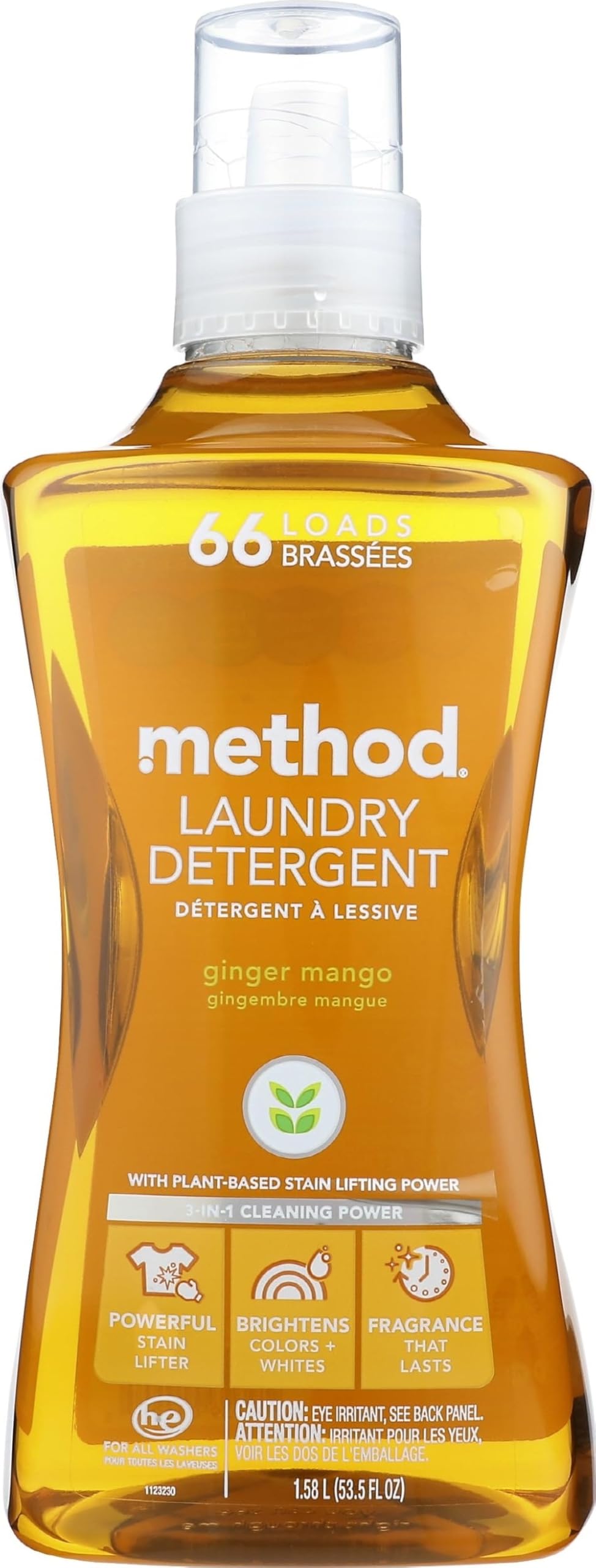 Method botella frontal Ginger Mango mostrando etiqueta y beneficio limpieza potente
