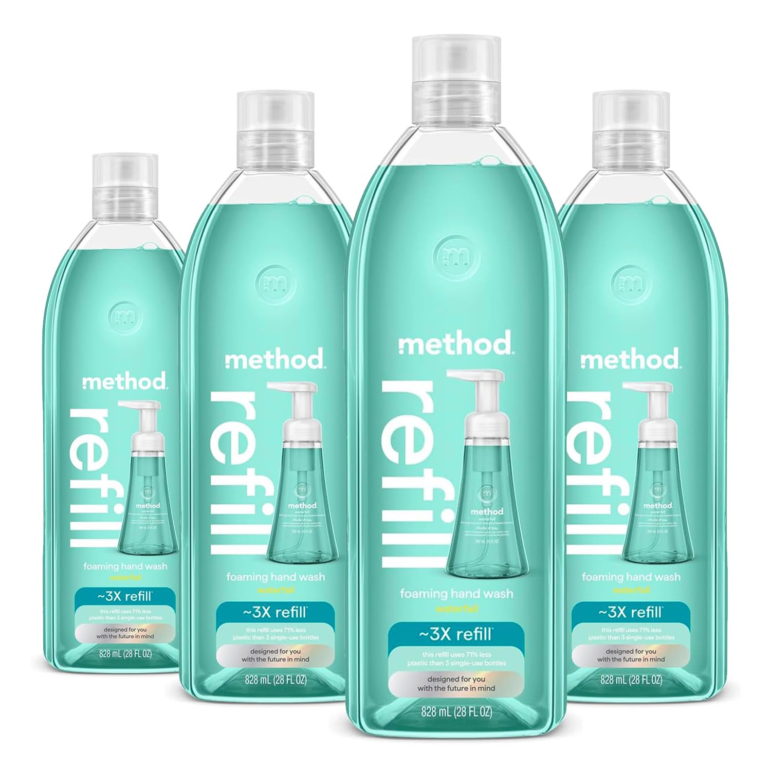 method recambio frontal Waterfall 28 oz pack mostrando envases y etiqueta sostenible