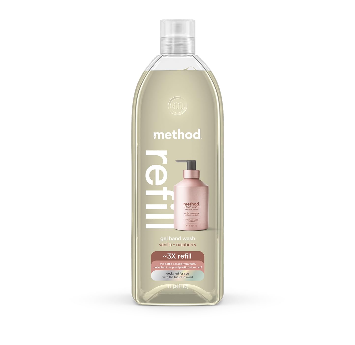 Method recarga 34 fl oz vista frontal con etiqueta clara y fragancia invitante