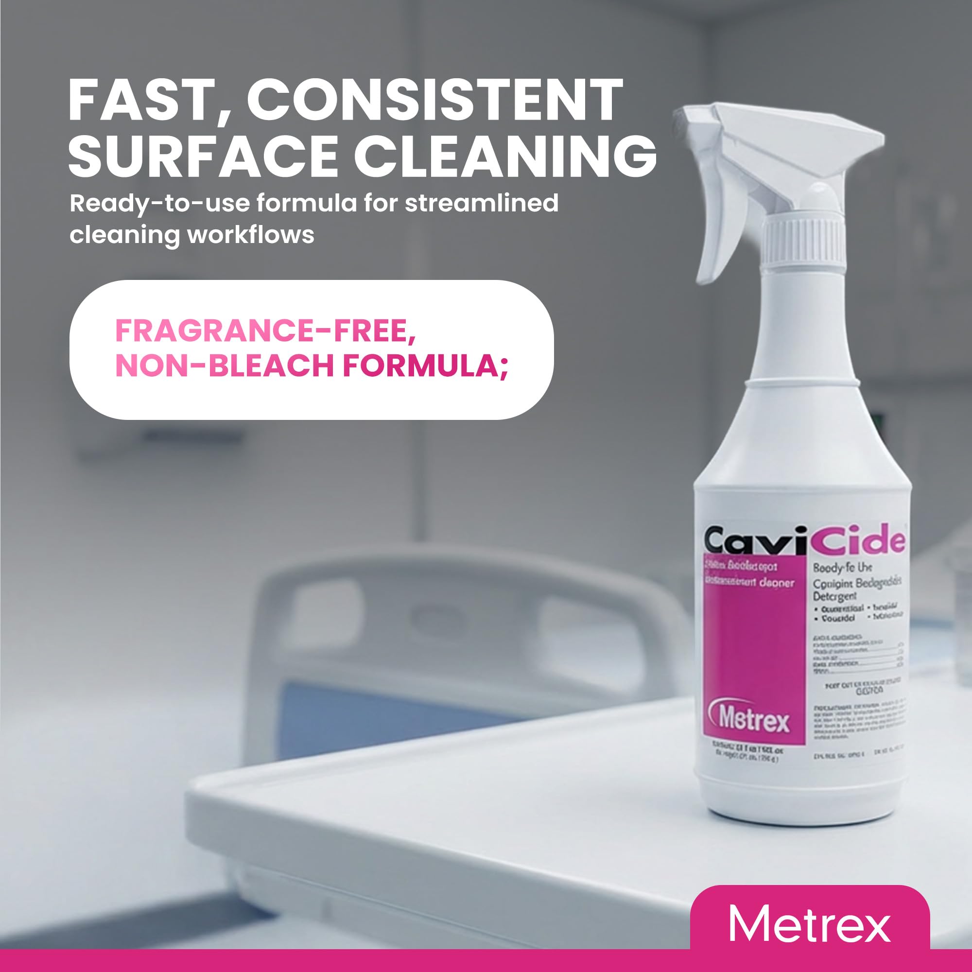 Metrex CaviCide etiqueta visible con instrucciones, facilita uso seguro