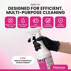 Metrex CaviCide gotas sobre superficie, muestra limpieza y secado eficiente