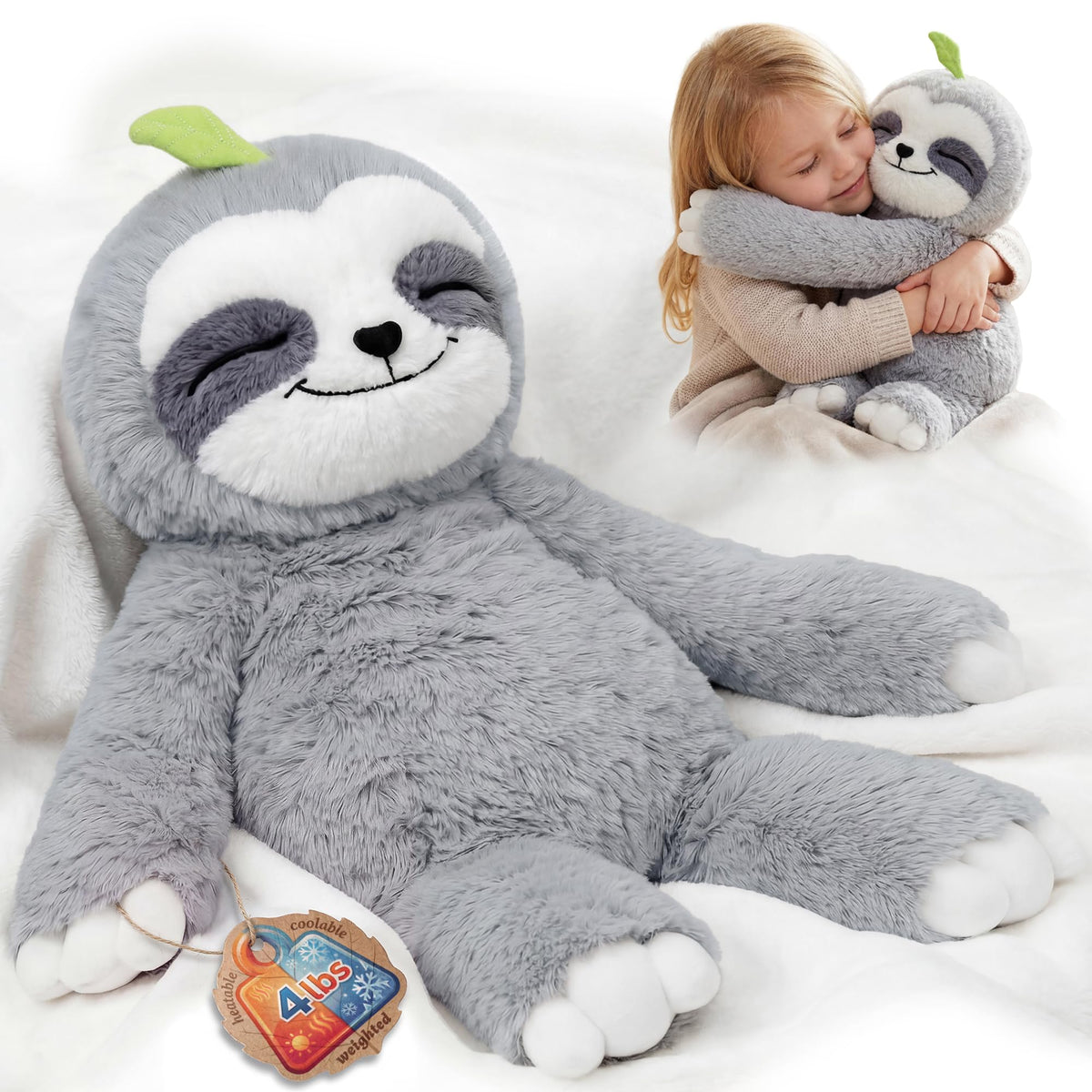 Mewaii peluche perezoso frontal mostrando su forma acogedora y peso reconfortante
