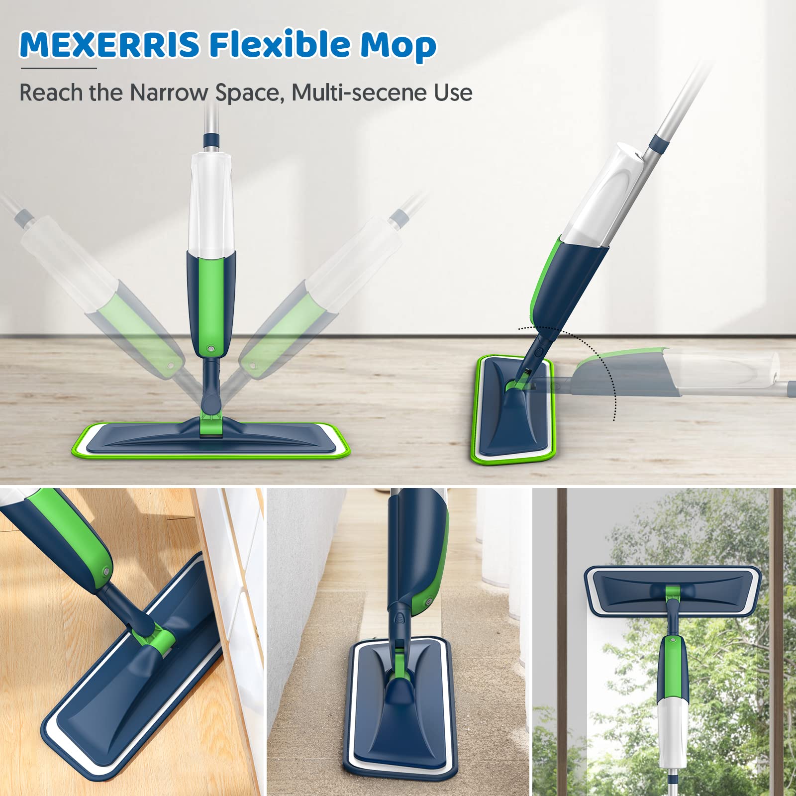 MEXERRIS mop next to a chair and book for scale showing compact storage advantage