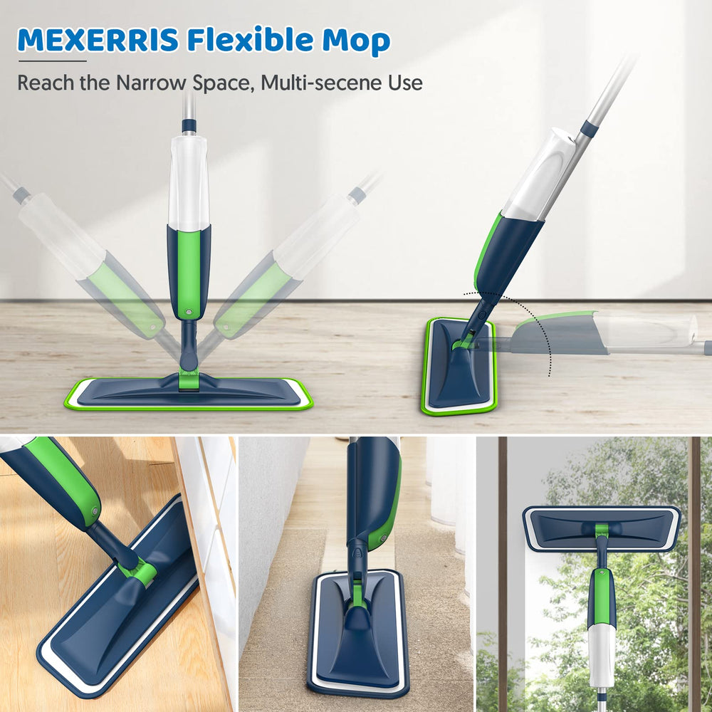 MEXERRIS mop next to a chair and book for scale showing compact storage advantage