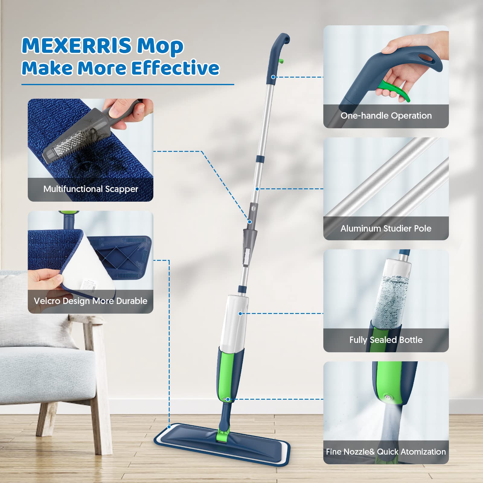 MEXERRIS mop head swiveling under a sofa to reach tight spaces and corners