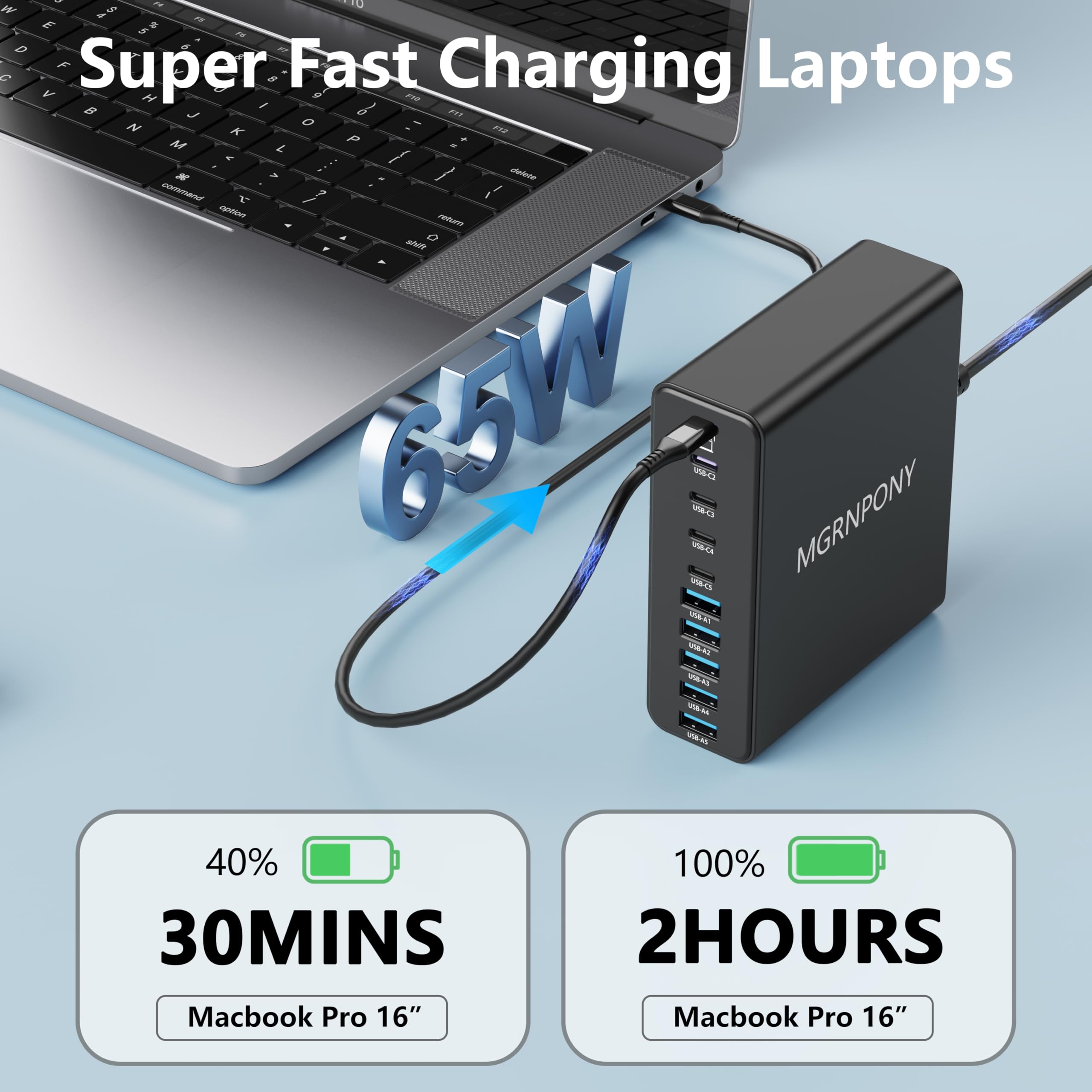 MGRNPONY en uso sobre escritorio con laptop y móviles, reduce el desorden