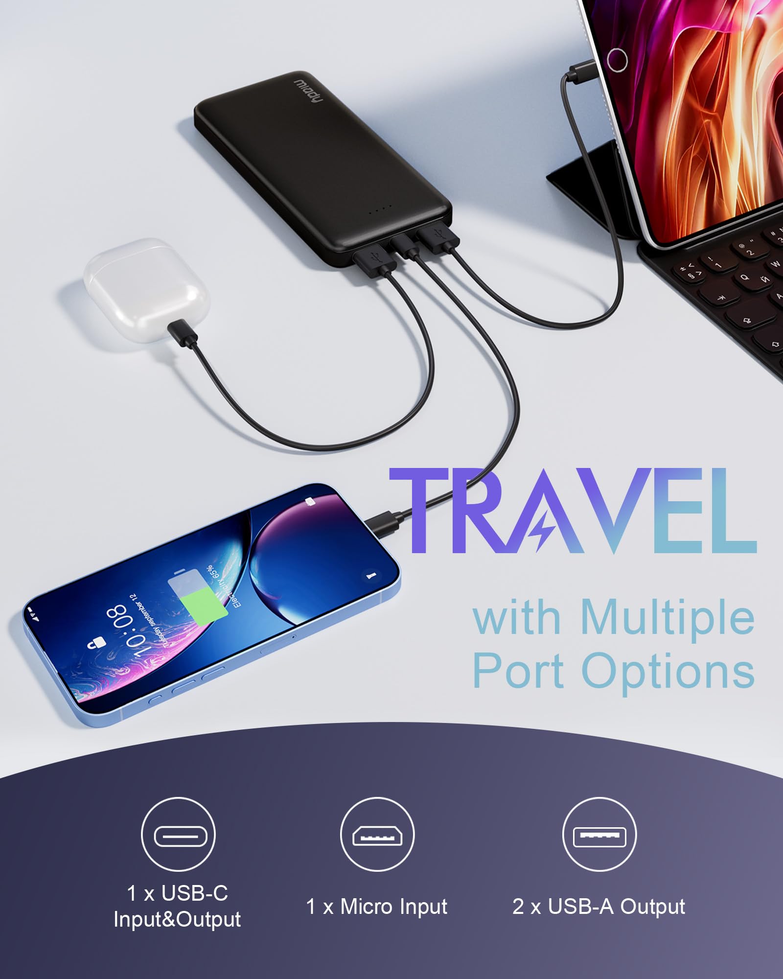 Miady detalle de puertos USB-A y USB-C que facilita cargar tres dispositivos simultáneamente