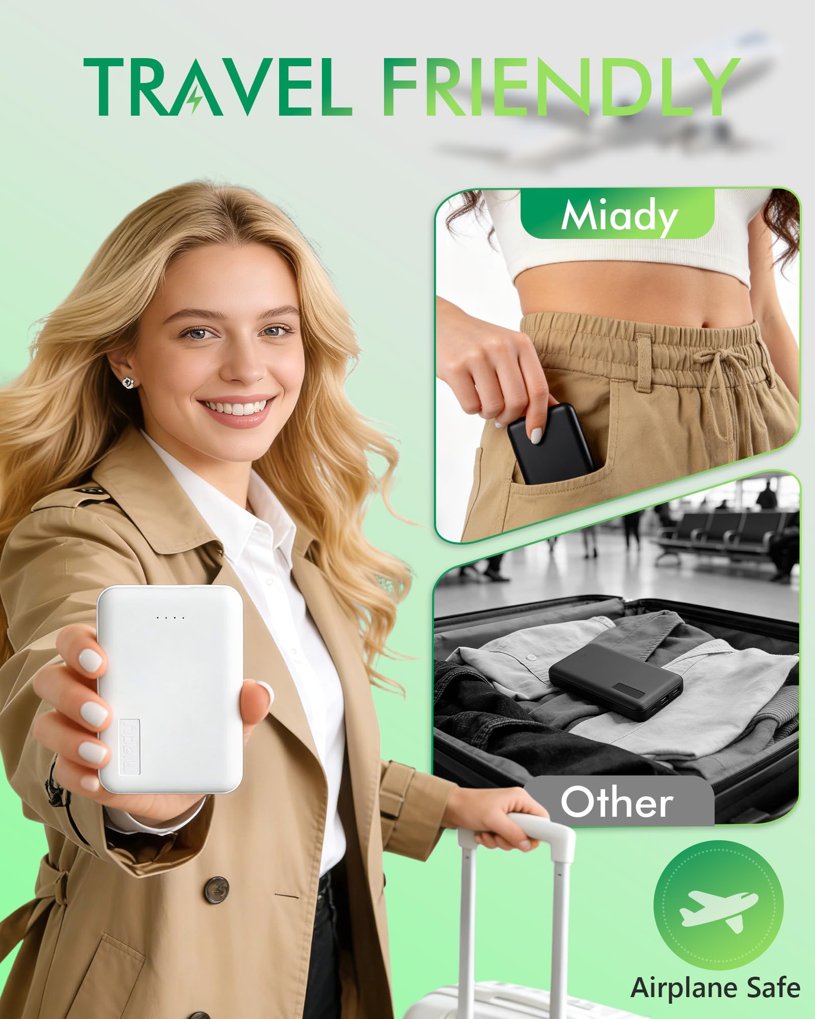Miady junto a maleta en viaje mostrando conveniencia aprobada para avión