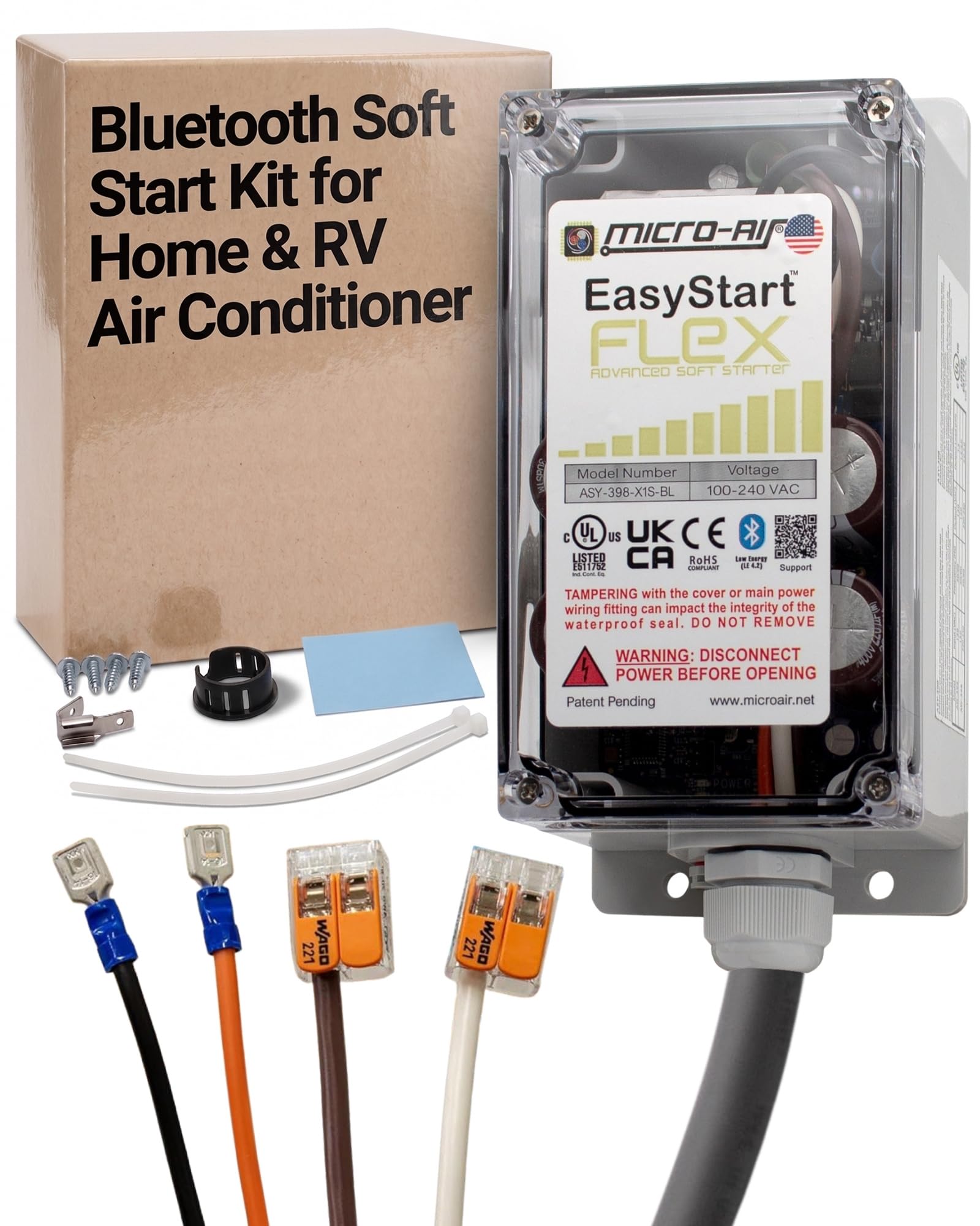 MICRO-AIR vista frontal del EasyStart FLEX 398 mostrando diseño compacto y beneficio de instalación fácil