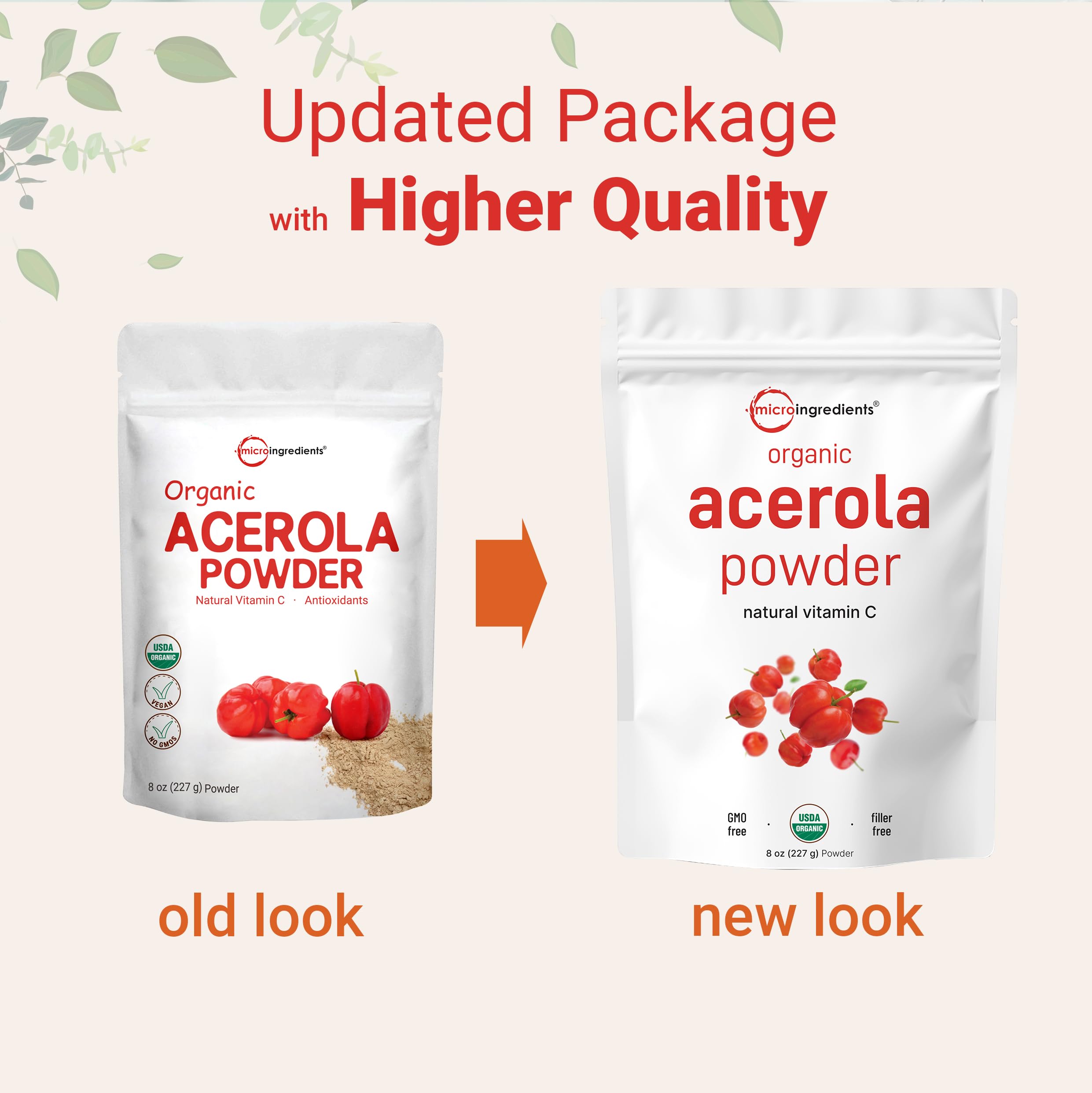 Micro Ingredients etiqueta orgánica de acerola destacando certificaciones