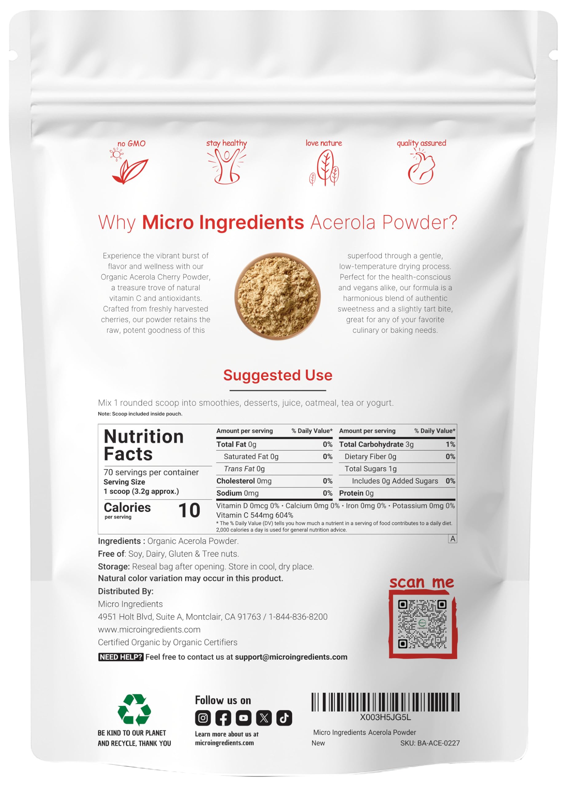 Micro Ingredients textura del polvo de acerola en cuchara para medición precisa
