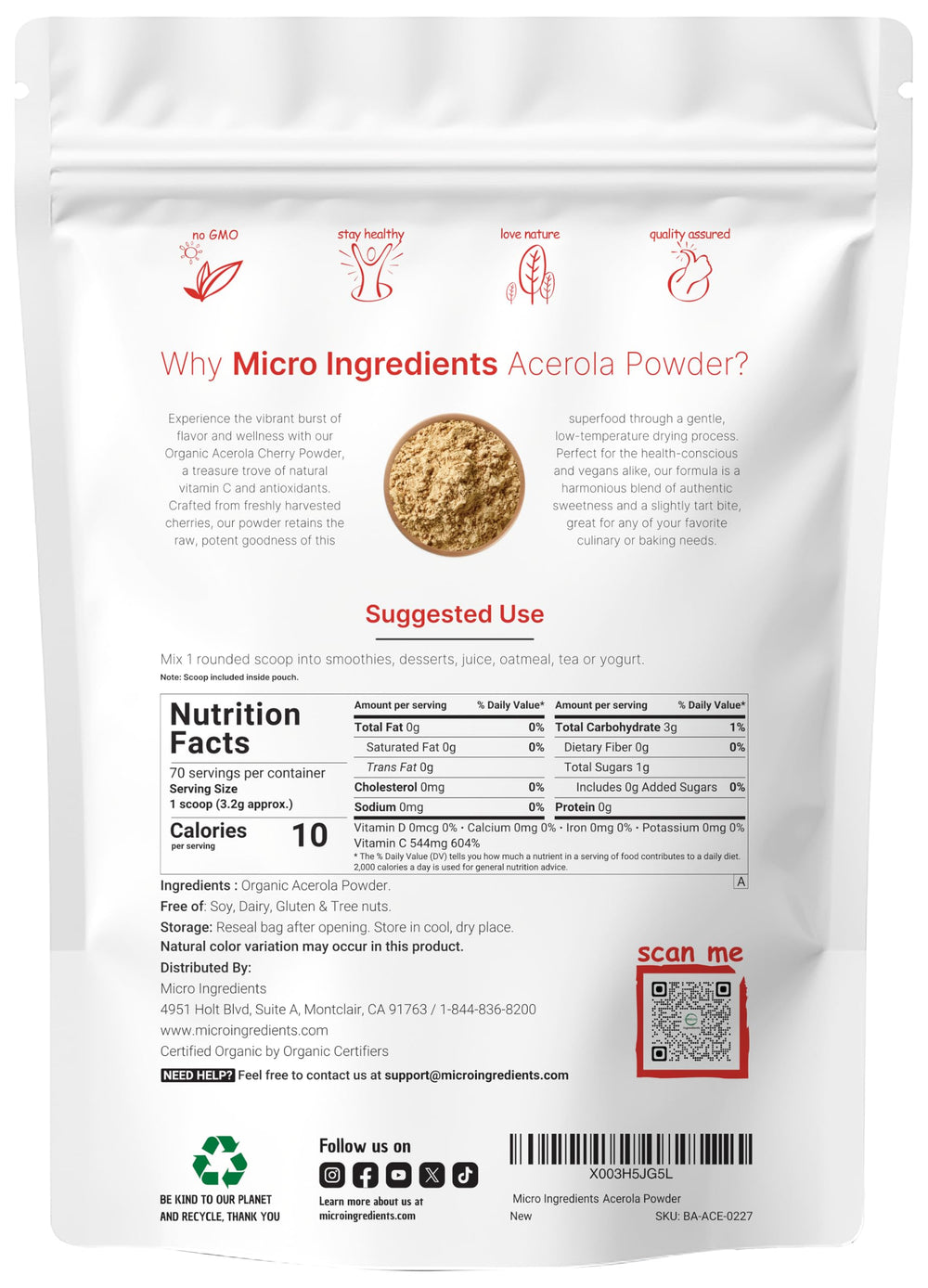 Micro Ingredients textura del polvo de acerola en cuchara para medición precisa