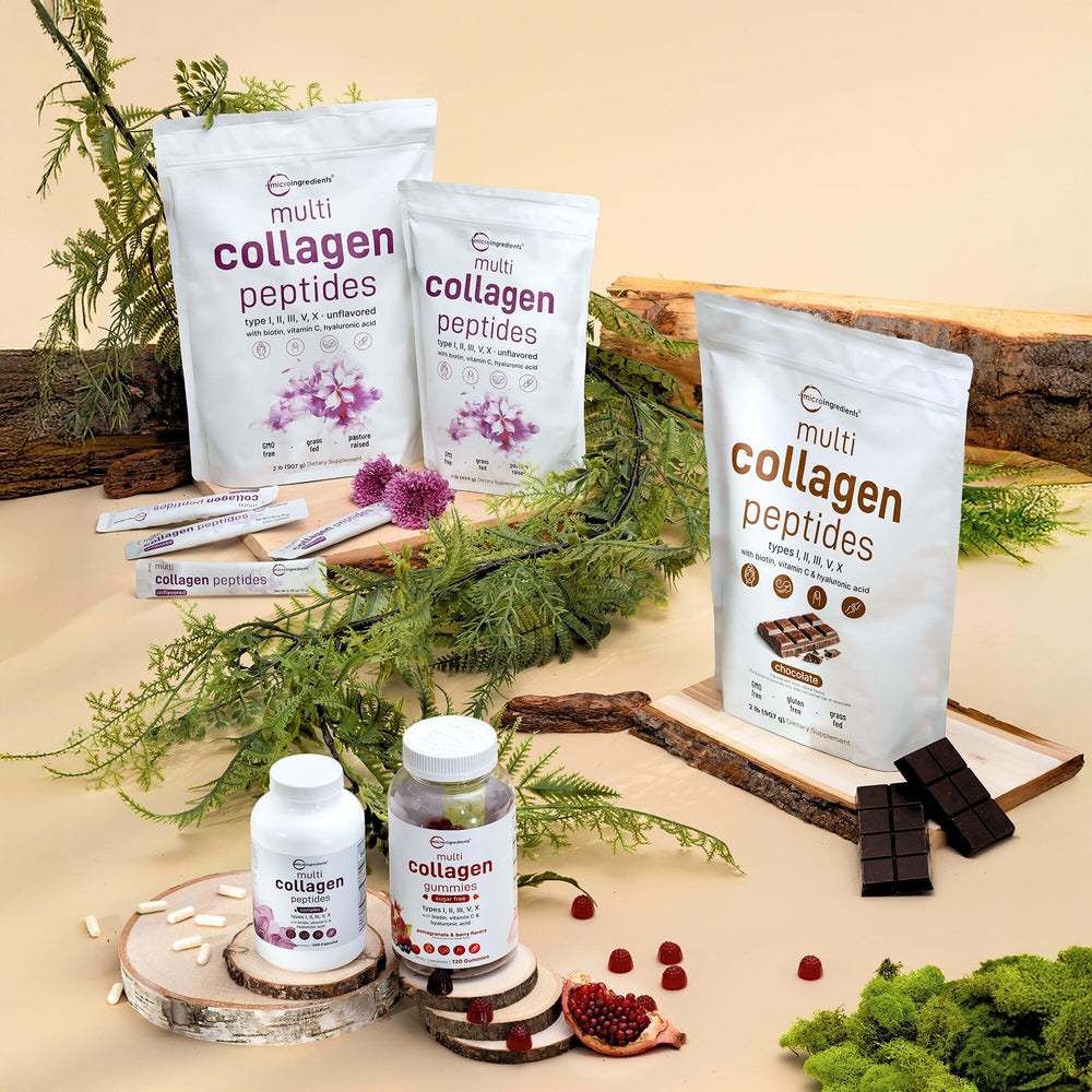 Micro Ingredients primeros planos de biotina, vitamina C y ácido hialurónico