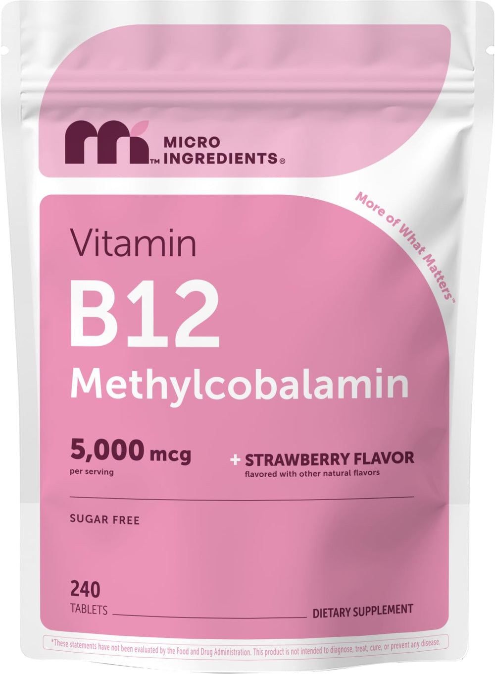 Micro Ingredients empaque frontal del suplemento B12 mostrando 240 tabletas y beneficio de suministro prolongado