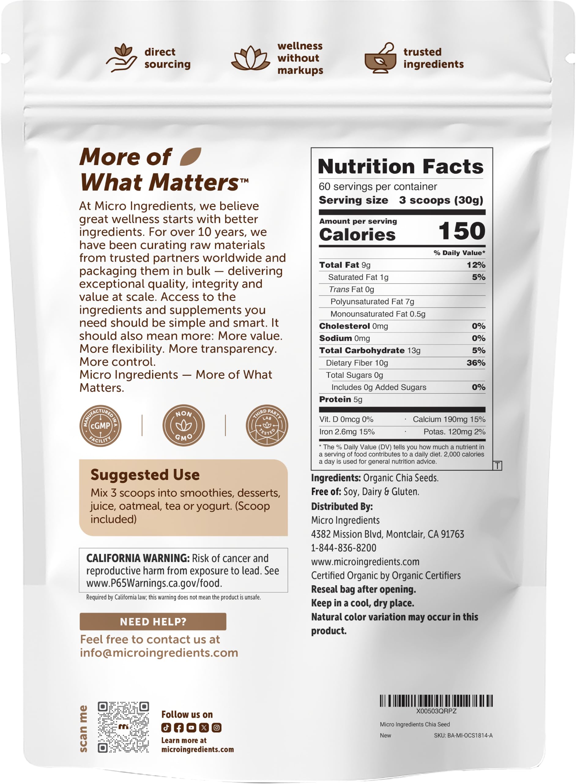Micro Ingredients etiqueta nutricional del producto para verificar ingredientes
