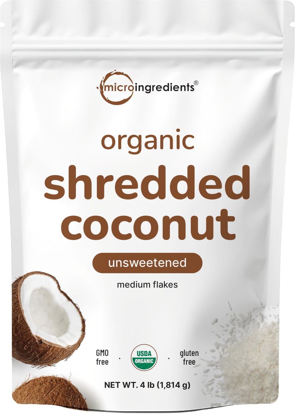 Micro Ingredients paquete delantero de coco rallado orgánico muestra presentación y almacenamiento